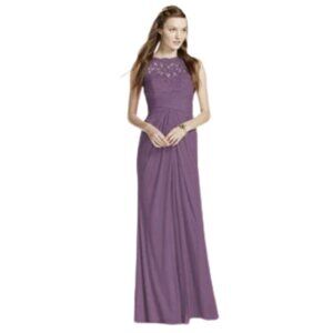David's Bridal Sleeveless Mesh with Corded Lace Formal Maxi Dress In Plum Sz 8